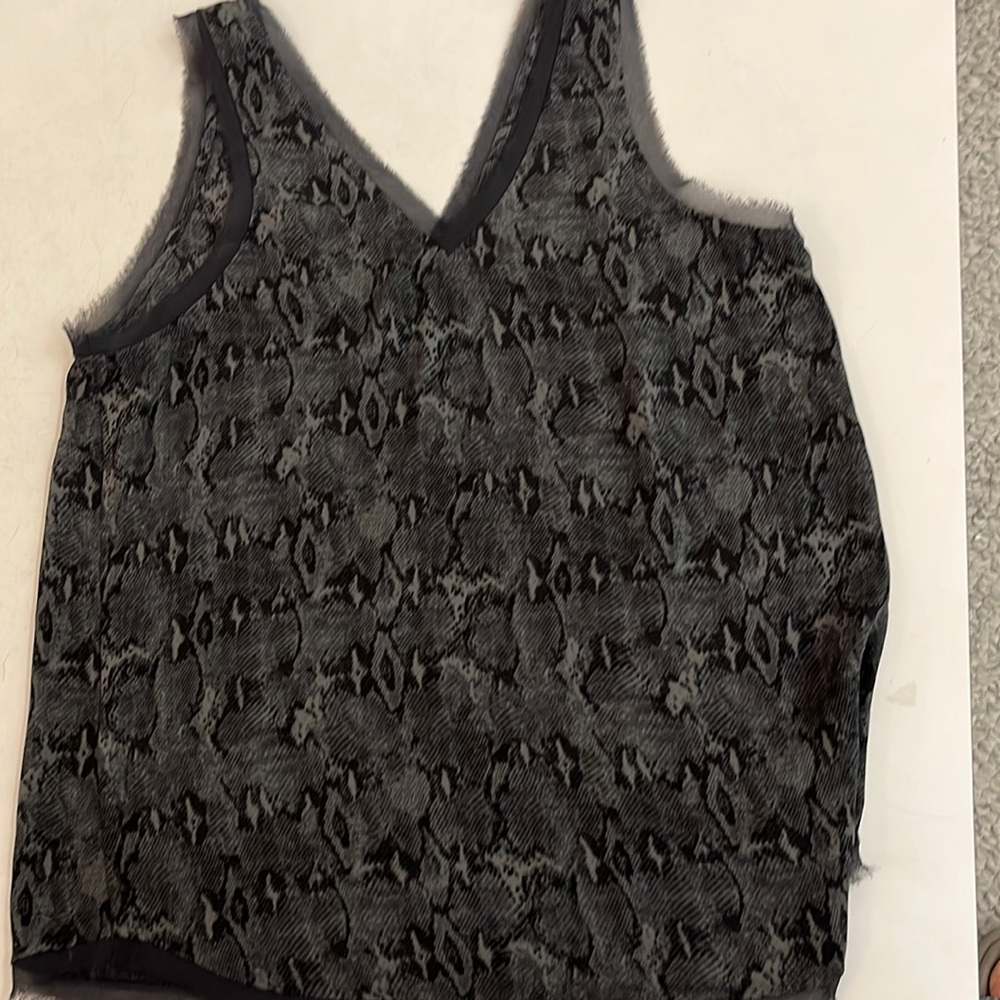Gray snakeskin print top with chiffon neck and sleeve detail
